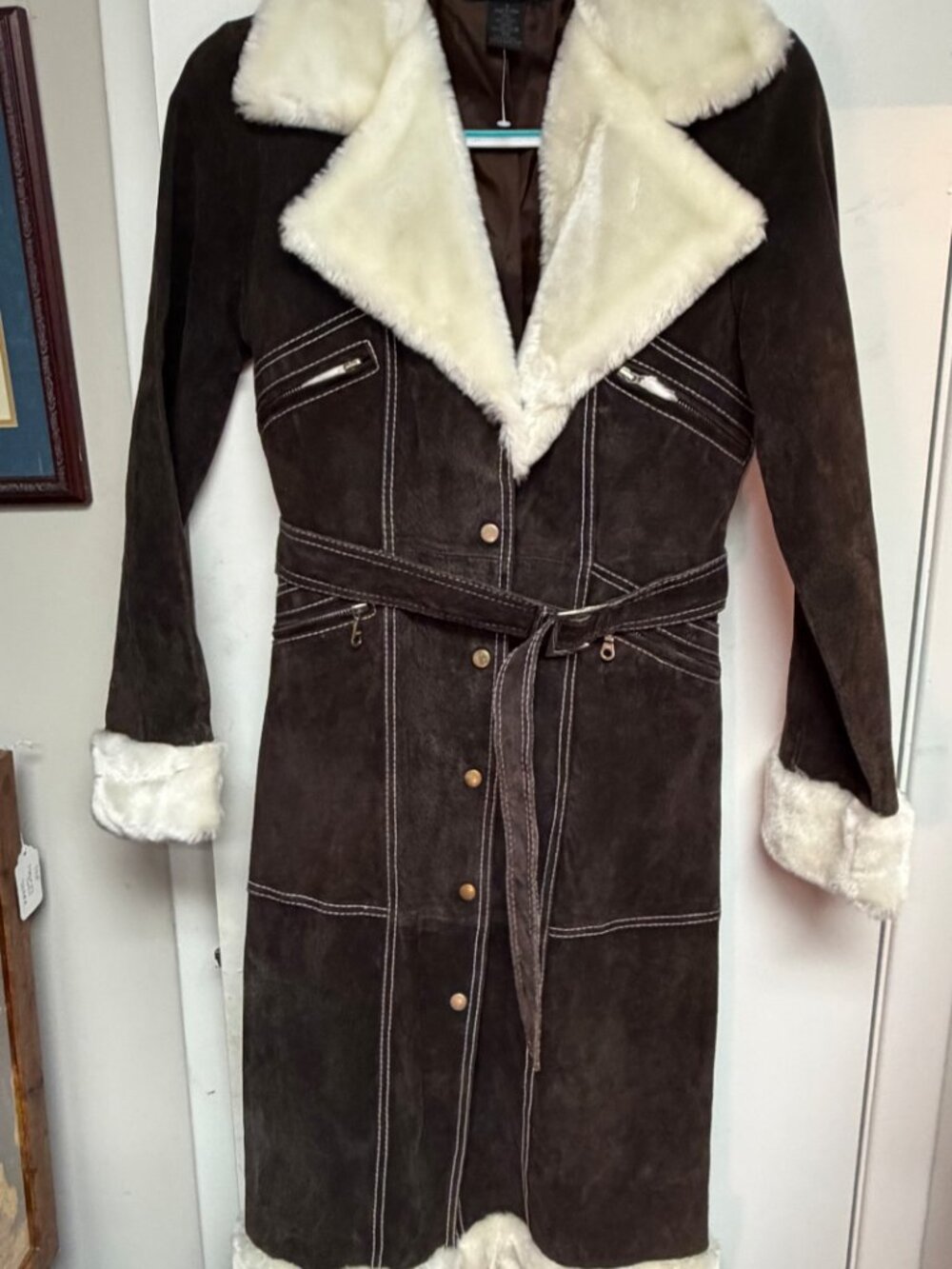Taunt Women’s Genuine Suede Long Coat Brown Cream Faux Shearling Belted Vintage